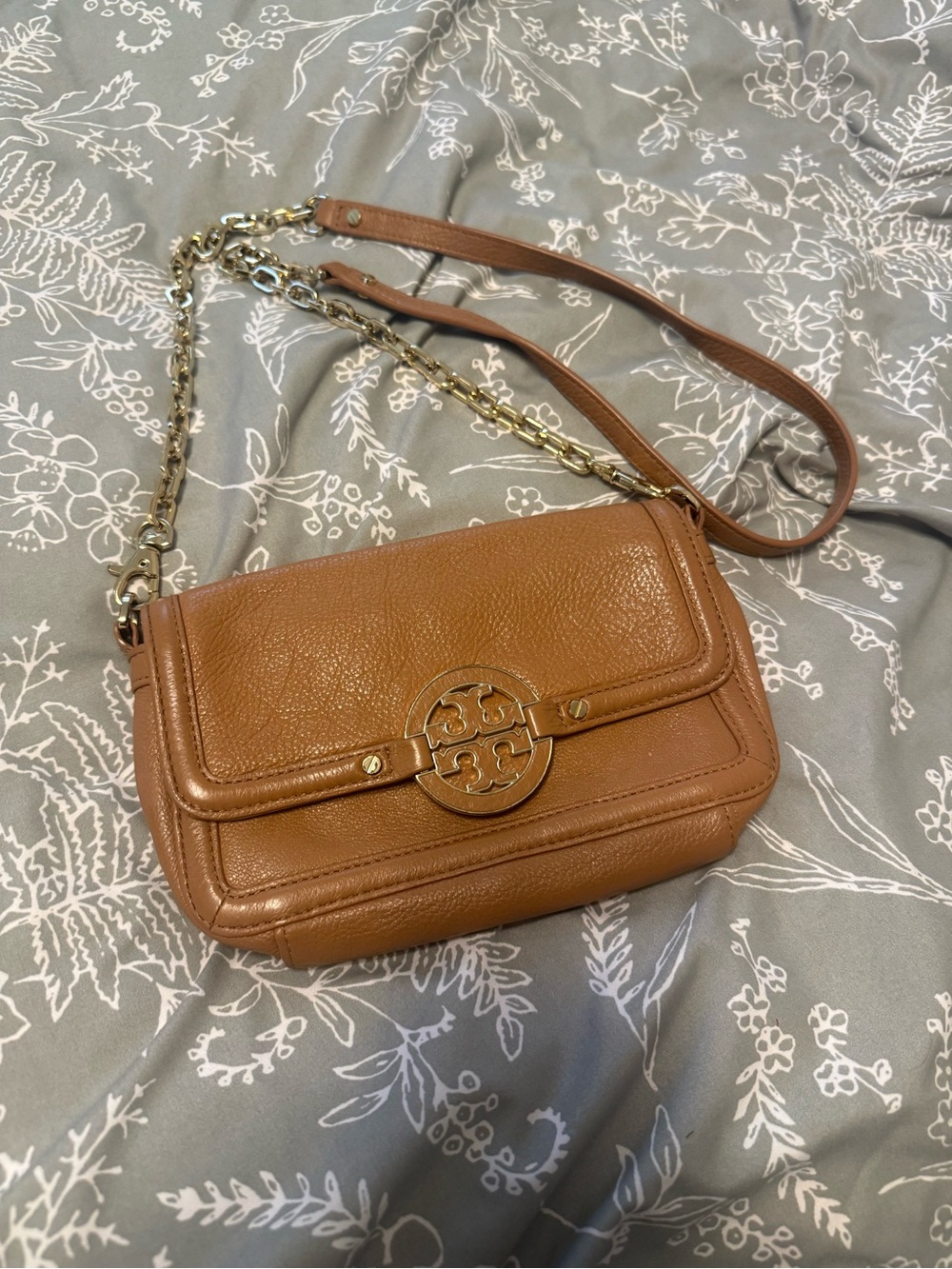 Tory Burch Brown Pebbled Leather Crossbody with Gold-Tone Logo